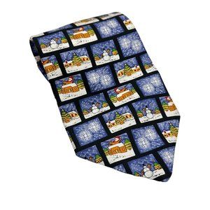 Save The Children Neck Tie Mens 100% Silk Blue Scenes Of Christmas Holiday Snow